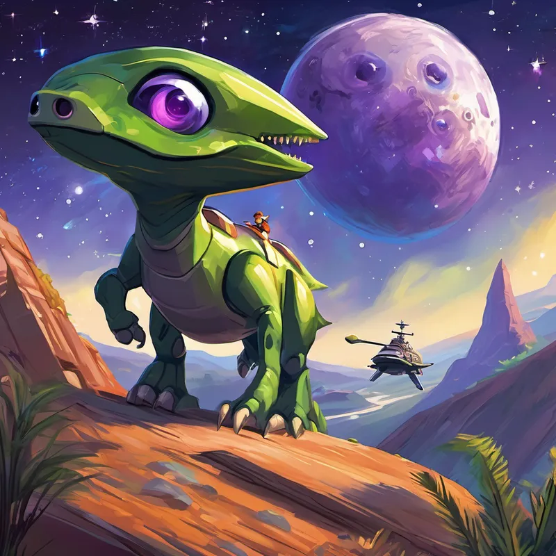 As the spaceship soared far above the earth, Dino marveled at the spectacular view. Stars of all colors surrounded him, and he could hardly believe his eyes. They twinkled and danced, just as they had from the grassy hill, but now they were right before him. Robo guided the spaceship to an asteroid belt. Dino watched in awe as the ship skillfully maneuvered through the rocky obstacles. Suddenly, a small, friendly alien appeared on a nearby asteroid. The alien had purple skin, two large antenna-like ears, and three eyes that sparkled like the stars.
