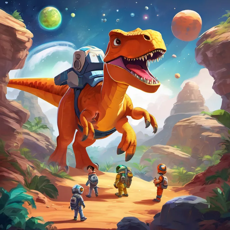 "Welcome, Earth explorer! My name is Zuzo. I've never seen a dinosaur like you before. Would you like to play a game with us?" the alien asked happily. Dino couldn't resist the exciting invitation and joined Zuzo and his friends on their asteroid for galactic games. They bounced around, floated through space, and even had a friendly race around the asteroids.