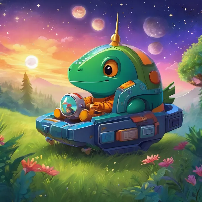 The spaceship landed gently on the grassy hill where Dino had first made his wish. Dino bid farewell to Robo, grateful for the amazing journey they had shared. With a heart full of joy, Dino settled back into his cozy dinosaur nest. As he closed his eyes, he thanked the stars for granting his wish and allowing him to explore space. And as he fell into a peaceful sleep, he couldn't help but dream about his next incredible adventure.