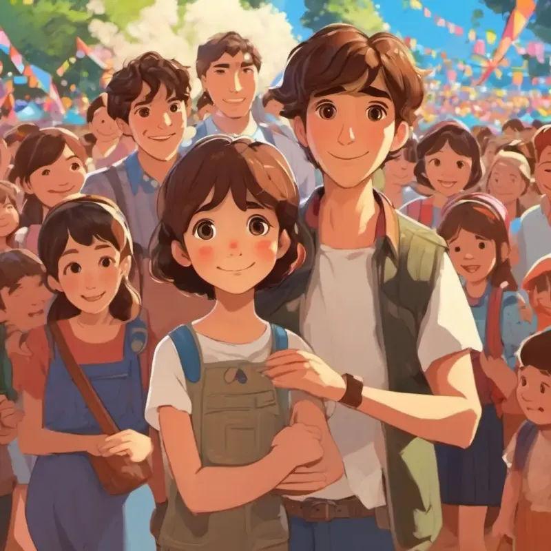 Eli has short brown hair and lively brown eyes with his family at the music festival