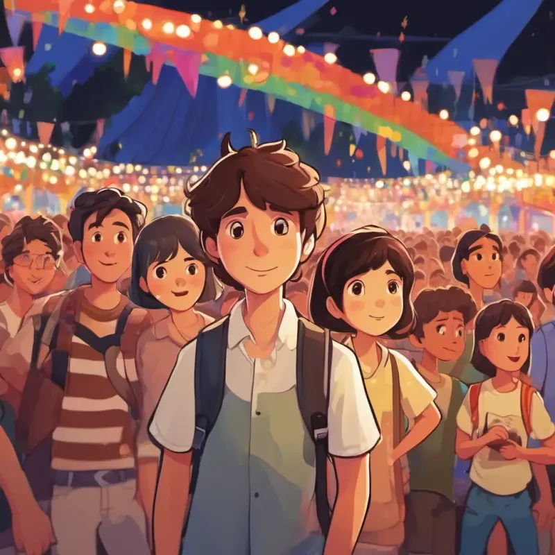 Eli has short brown hair and lively brown eyes and his family scared at the music festival