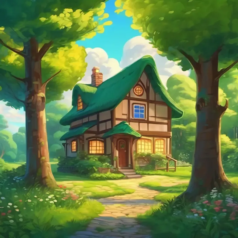 The story begins in a cozy cottage surrounded by green fields and tall trees