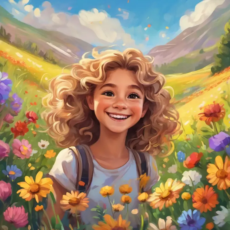 Caucasian girl, dirty blonde curly hair, cheeky grin, contagious laugh and Brown girl, brown wavy hair, few front teeth, can only crawl meet a unicorn in a meadow of colorful flowers