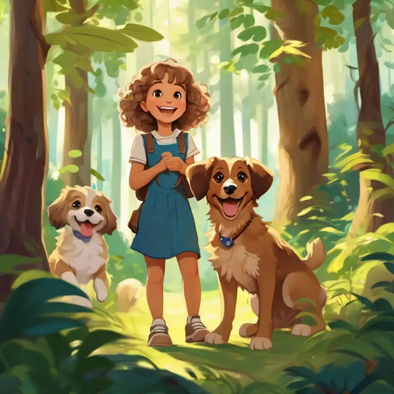 Caucasian girl, dirty blonde curly hair, cheeky grin, contagious laugh and Brown girl, brown wavy hair, few front teeth, can only crawl encounter playful puppies in a forest with twinkling trees