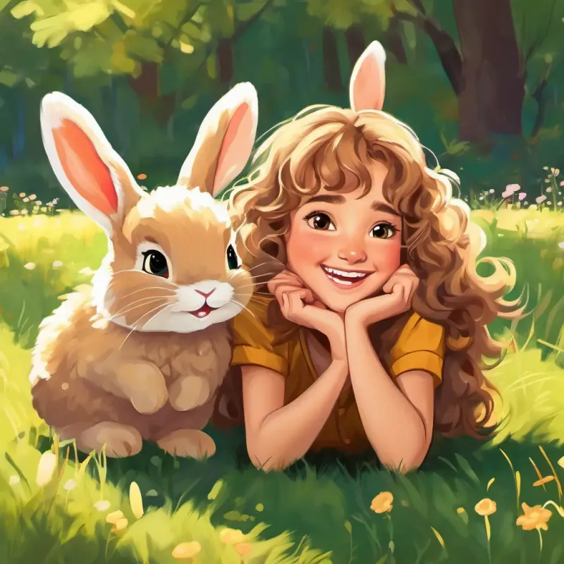 Caucasian girl, dirty blonde curly hair, cheeky grin, contagious laugh and Brown girl, brown wavy hair, few front teeth, can only crawl enjoy the company of soft, cuddly bunnies in a sunny clearing