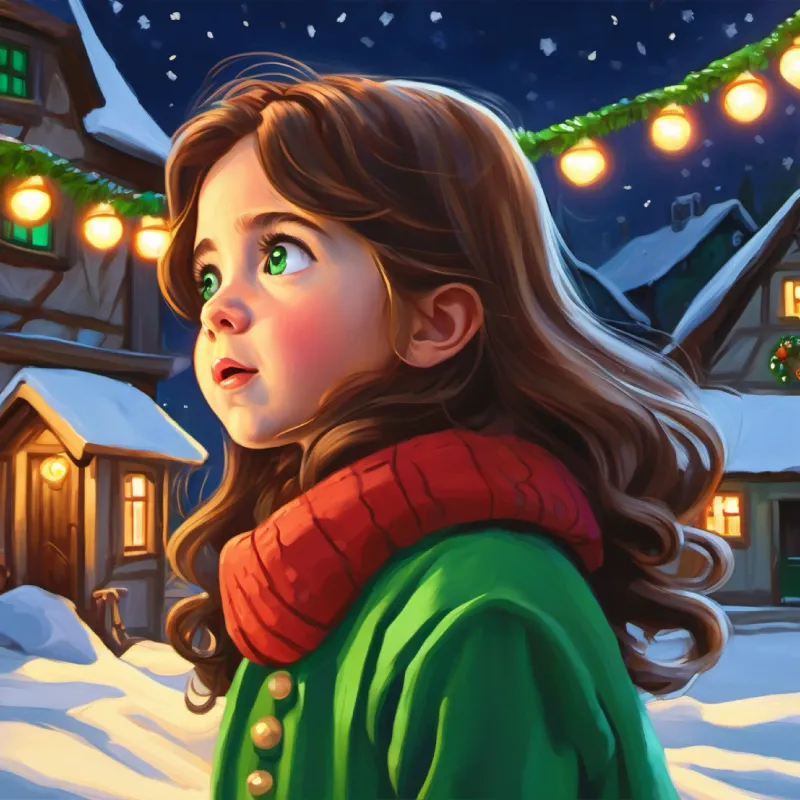 Curious girl, long brown hair, bright green eyes in the village, hears a howl.