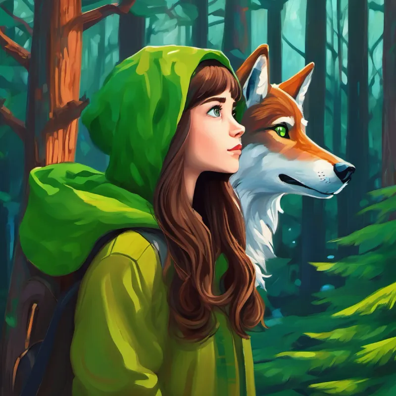 Curious girl, long brown hair, bright green eyes meets a sad wolf in the forest.