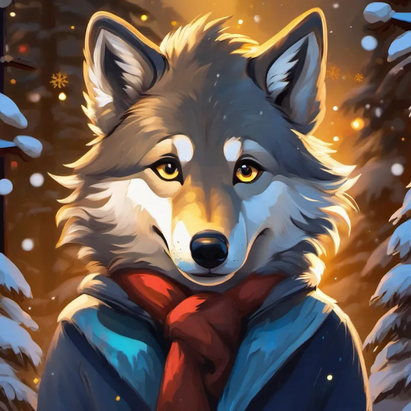 Large wolf, dark fur, kind golden eyes turns into a happy boy.