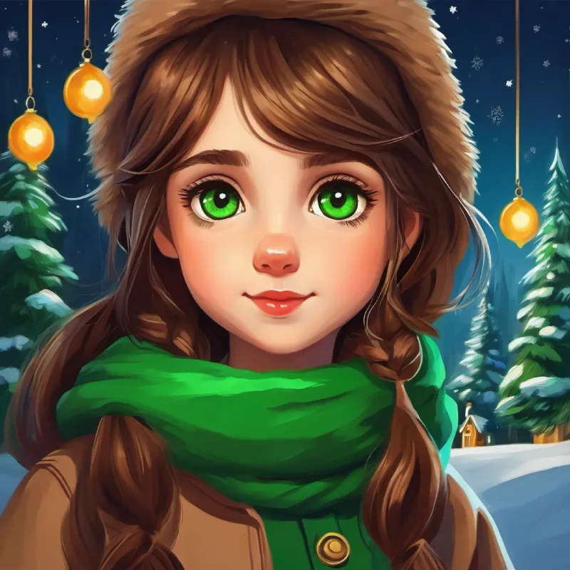 Curious girl, long brown hair, bright green eyes finds the wolf's kind eyes.