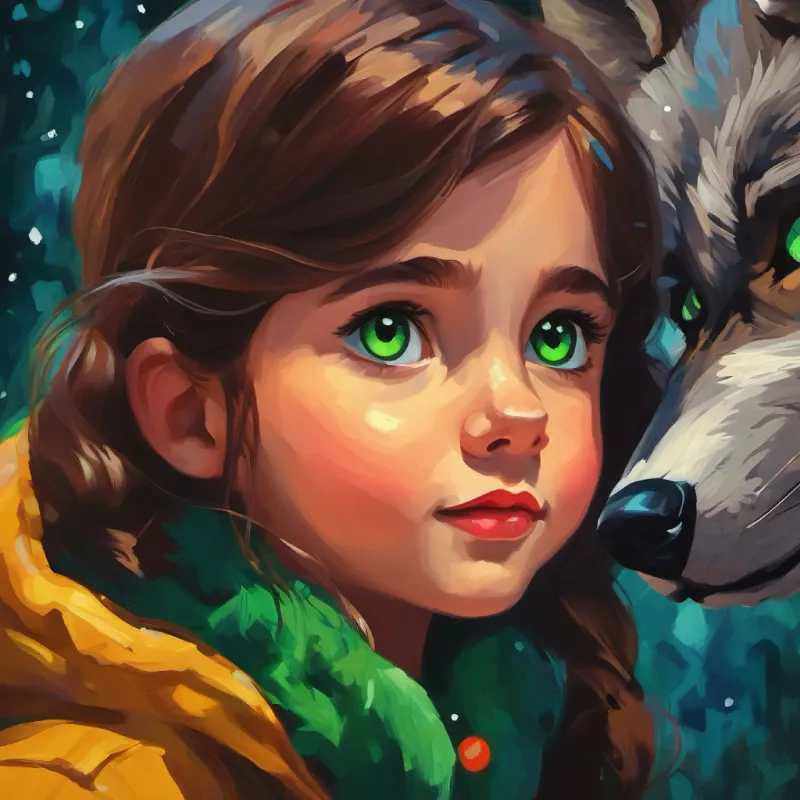 Curious girl, long brown hair, bright green eyes discovers the wolf is a werewolf.