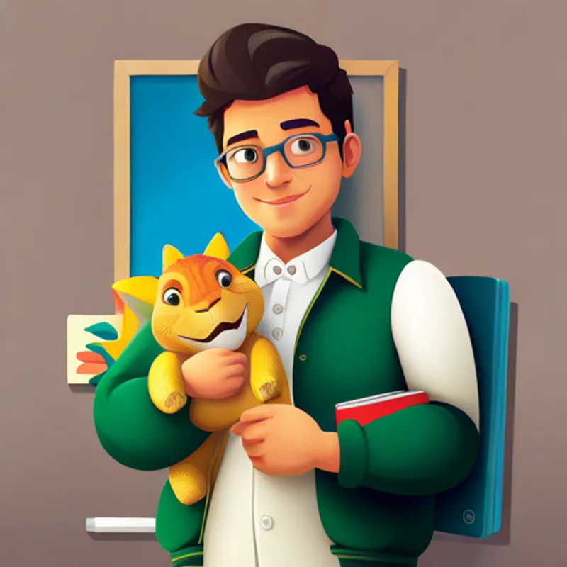 Joaquim holding dinosaur toys and books