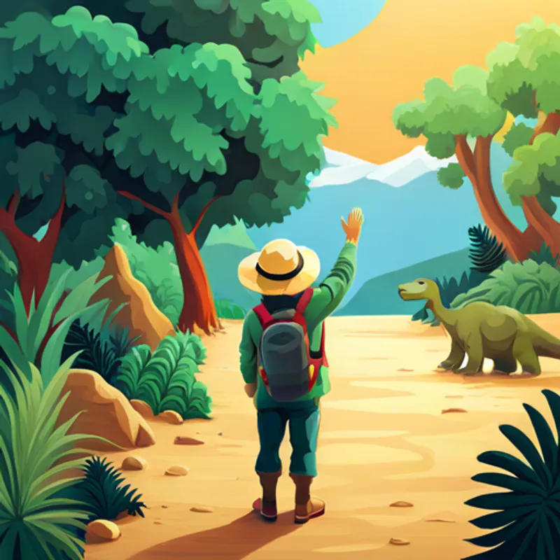 Joaquim smiling and waving goodbye to the dinosaurs