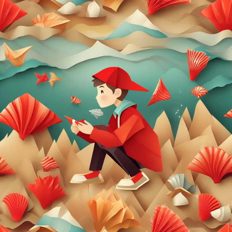 Curious boy with wild imagination, wearing a red cap finds a magical seashell and hears a whisper.