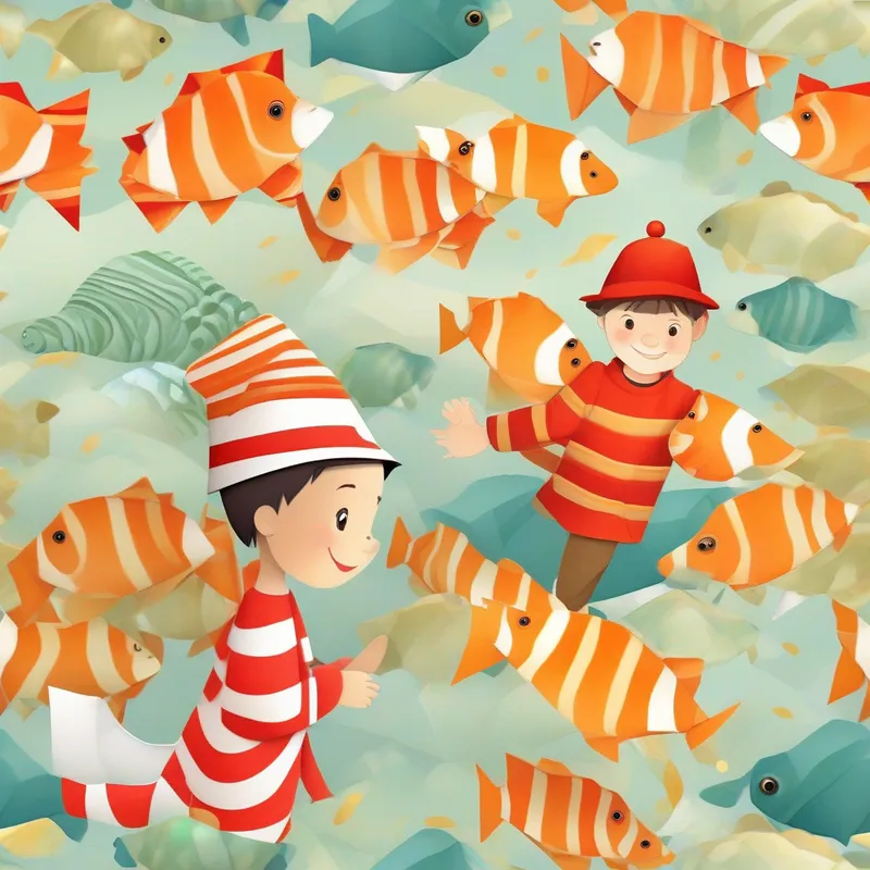 Curious boy with wild imagination, wearing a red cap meets Friendly clownfish with orange and white stripes and a playful smile the clownfish and Wise turtle with a calm demeanor and a golden shell the turtle.