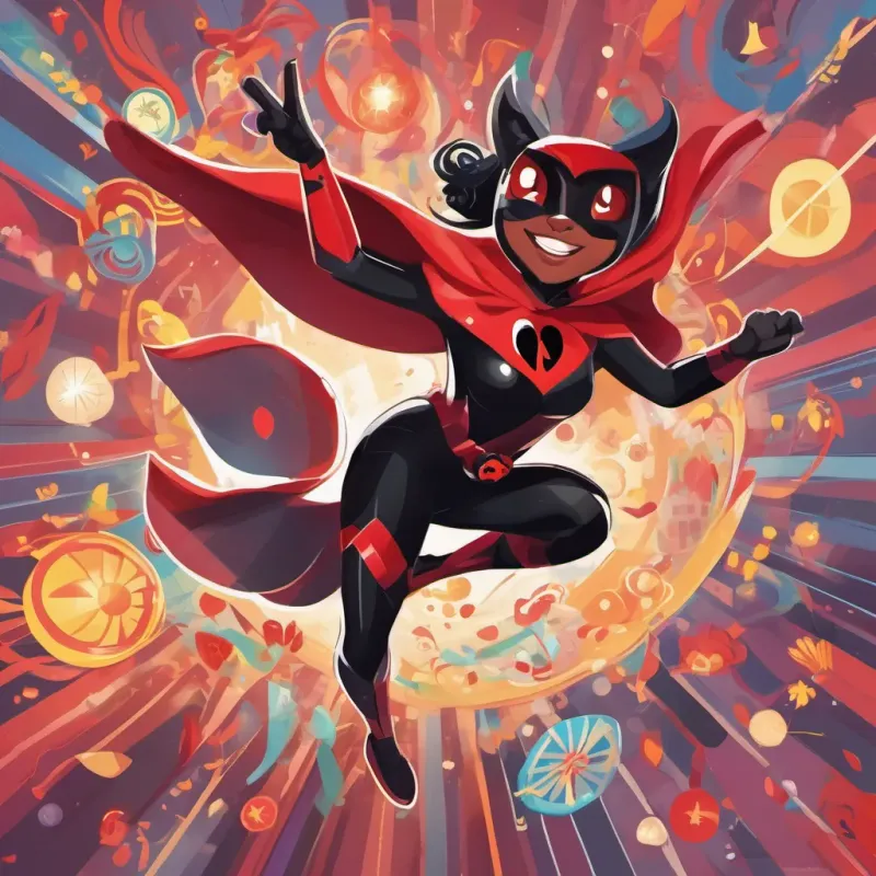 a whimsical, colorful illustration of Ladybug in her red and black spotted superhero outfit, agile and strong with a confident smile and Cat Noir in his sleek black outfit, witty and charming with a mischievous grin in a magical, lively version of Romania with dancing dragons and bright lights