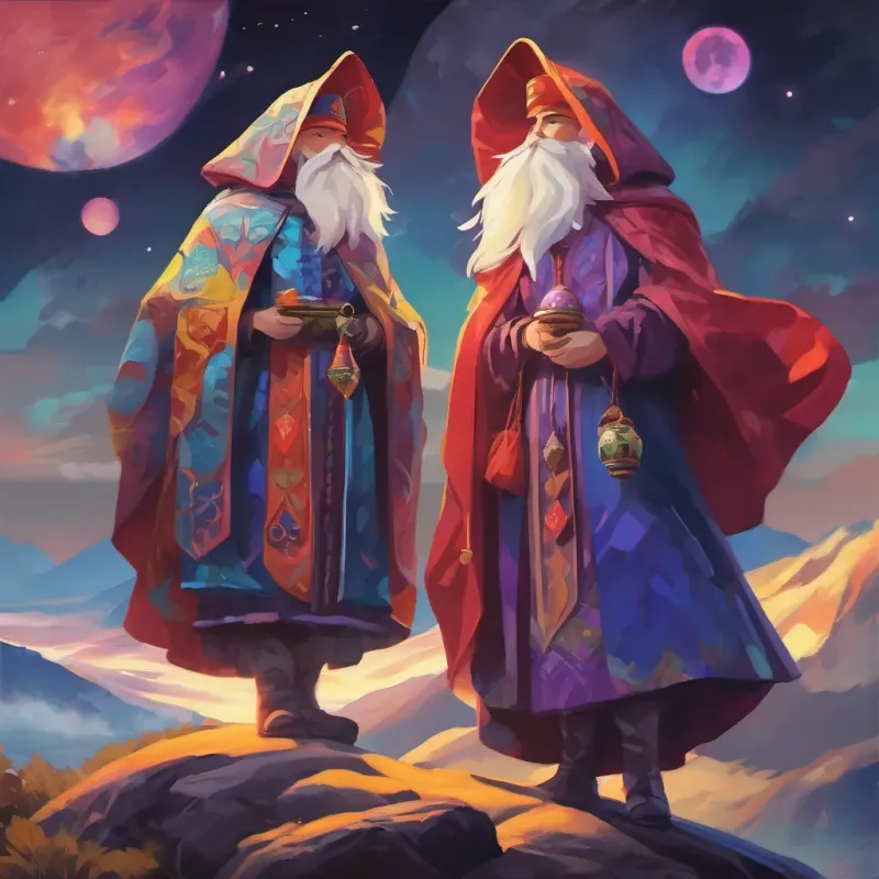 twin fortune tellers in dramatic, colorful robes standing on Carpathian peaks, with a contrasting dark aura at night