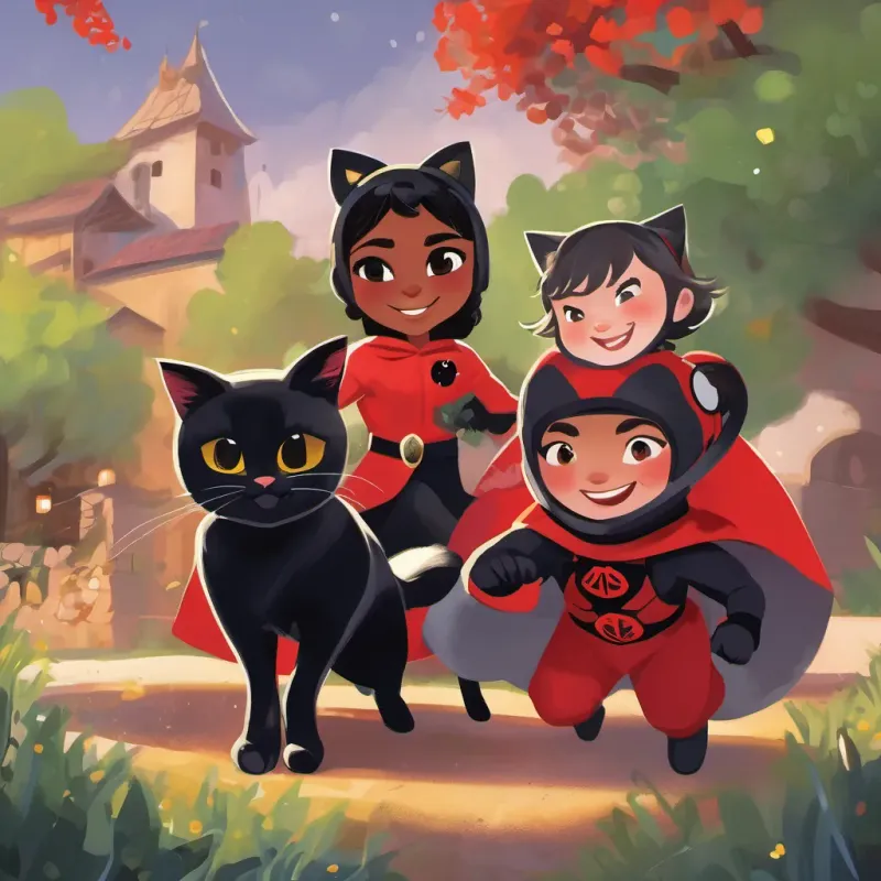 a celebratory scene of Romanian villagers with Ladybug in her red and black spotted superhero outfit, agile and strong with a confident smile and Cat Noir in his sleek black outfit, witty and charming with a mischievous grin amidst bright, restored lights