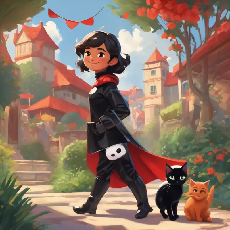 a warm and enlightening scene with Ladybug in her red and black spotted superhero outfit, agile and strong with a confident smile and Cat Noir in his sleek black outfit, witty and charming with a mischievous grin waving goodbye to happy children