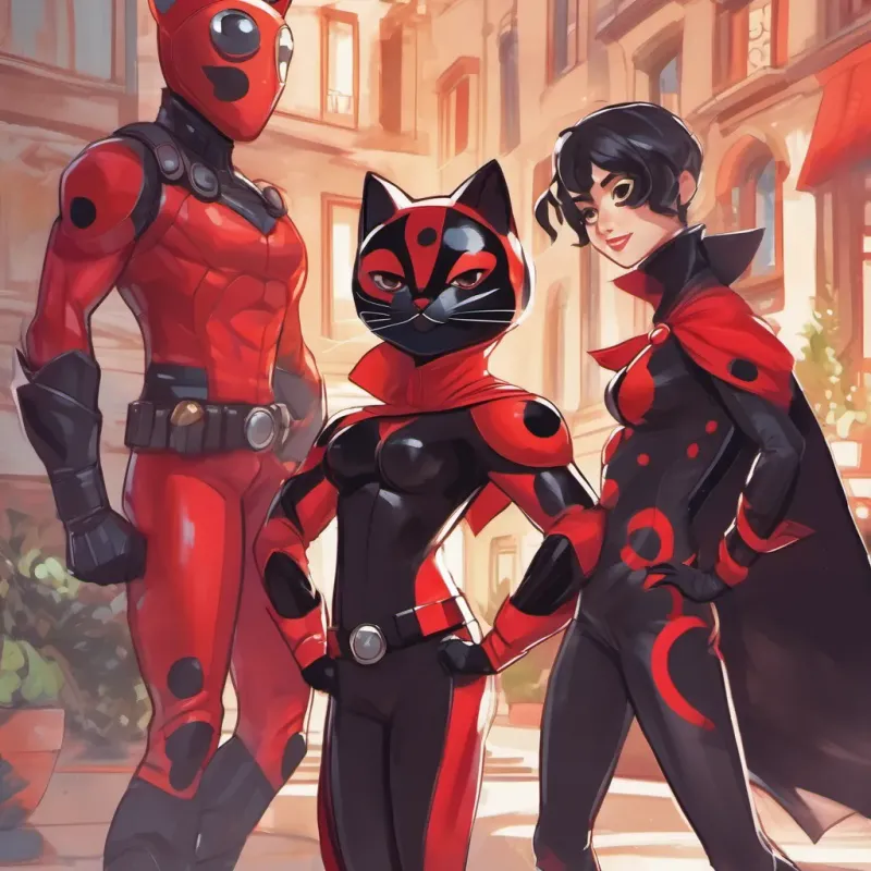 Ladybug in her red and black spotted superhero outfit, agile and strong with a confident smile and Cat Noir in his sleek black outfit, witty and charming with a mischievous grin in superhero poses, with magical whispers around them