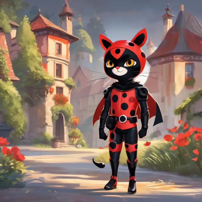 Ladybug in her red and black spotted superhero outfit, agile and strong with a confident smile and Cat Noir in his sleek black outfit, witty and charming with a mischievous grin swiftly moving through enchanted Romanian villages and forests