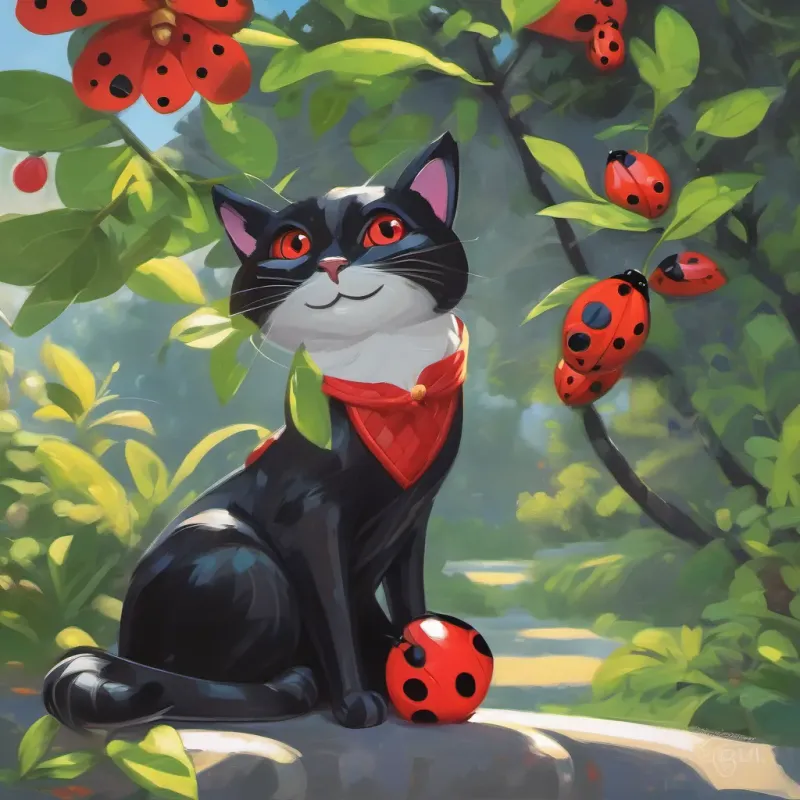 Cat Noir in his sleek black outfit, witty and charming with a mischievous grin and Ladybug in her red and black spotted superhero outfit, agile and strong with a confident smile pondering the tree’s clue with curiosity