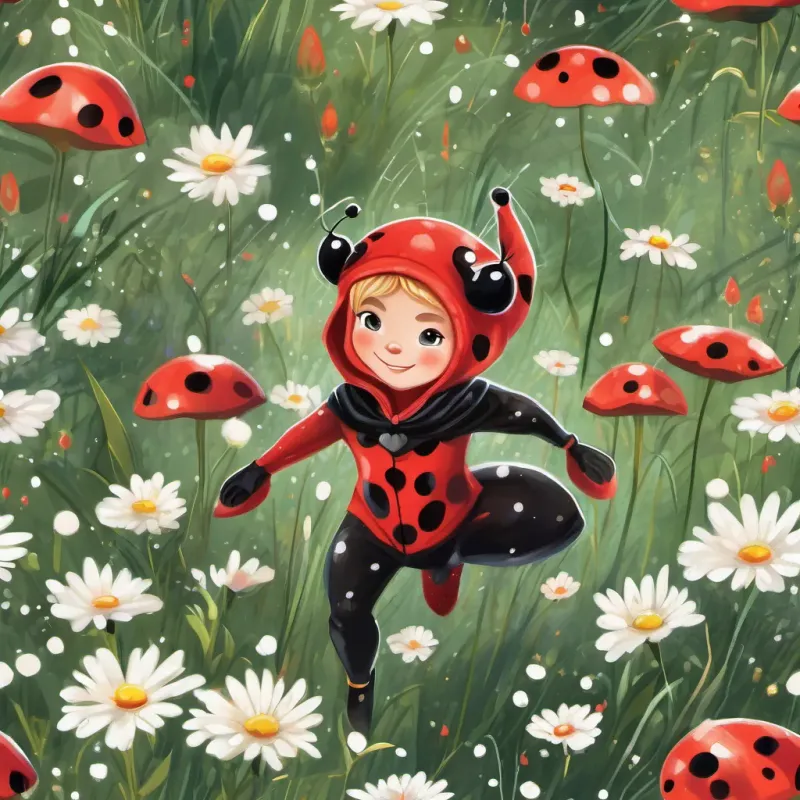 Ladybug in her red and black spotted superhero outfit, agile and strong with a confident smile and Cat Noir in his sleek black outfit, witty and charming with a mischievous grin prancing through a meadow, joined by sparkling dew drops