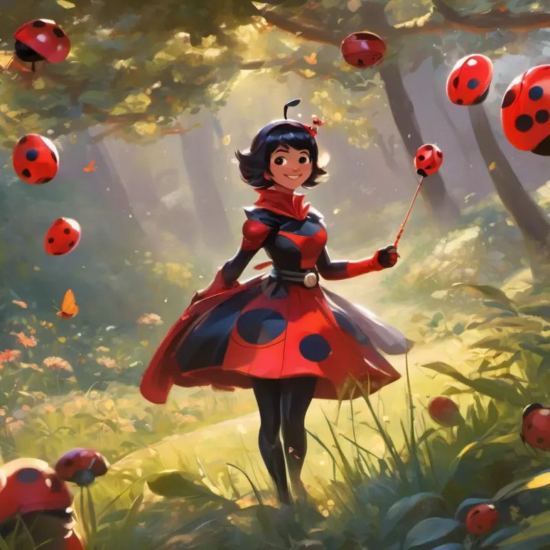 Ladybug in her red and black spotted superhero outfit, agile and strong with a confident smile pointing boldly at the laughing twin fortune tellers in a meadow