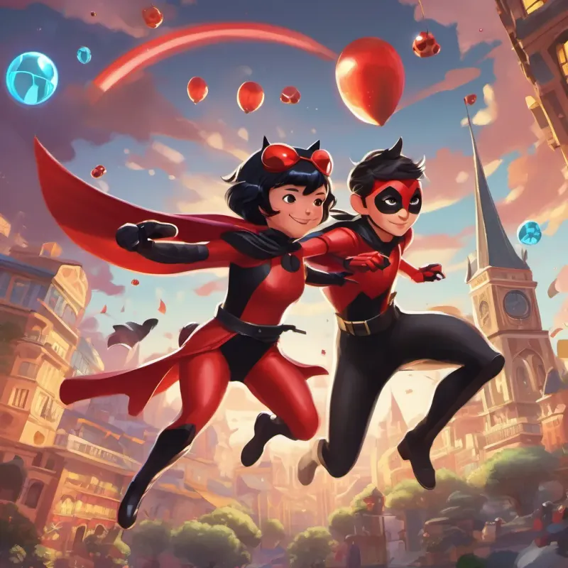 a thrilling chase scene with Ladybug in her red and black spotted superhero outfit, agile and strong with a confident smile and Cat Noir in his sleek black outfit, witty and charming with a mischievous grin pursuing the fortune tellers in the sky