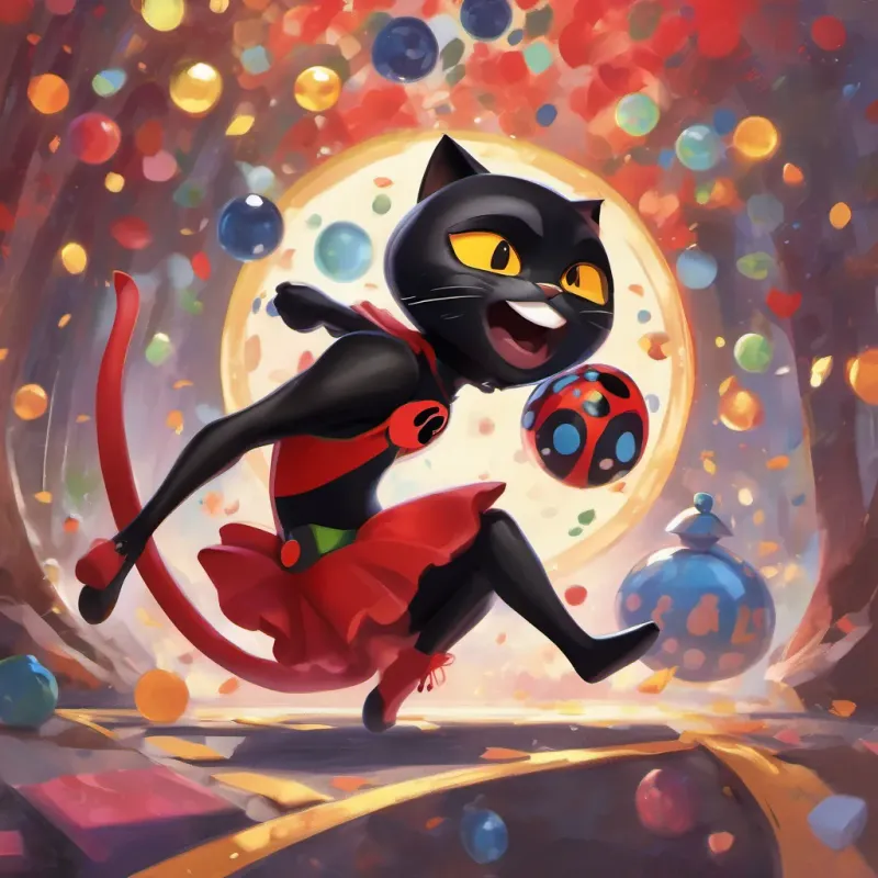 a triumphant moment with Cat Noir in his sleek black outfit, witty and charming with a mischievous grin and Ladybug in her red and black spotted superhero outfit, agile and strong with a confident smile successfully capturing the fortune tellers