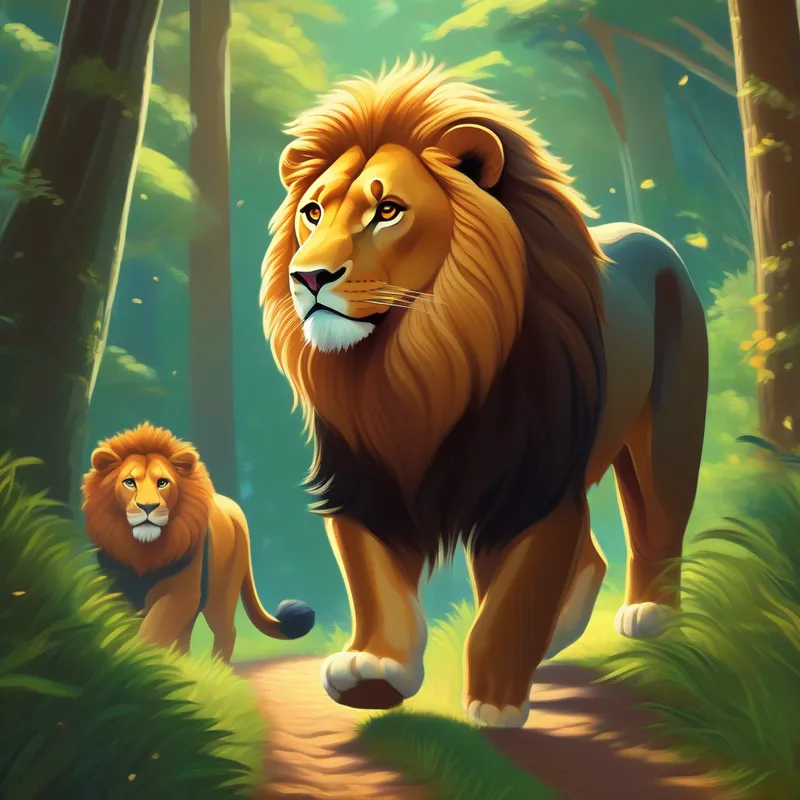 Leo walking proudly, animals looking at him with awe