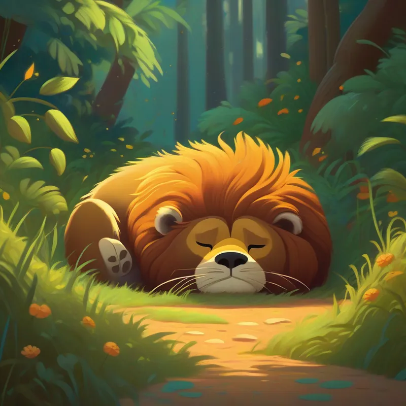 Leo curled up in sadness, puzzled animals nearby