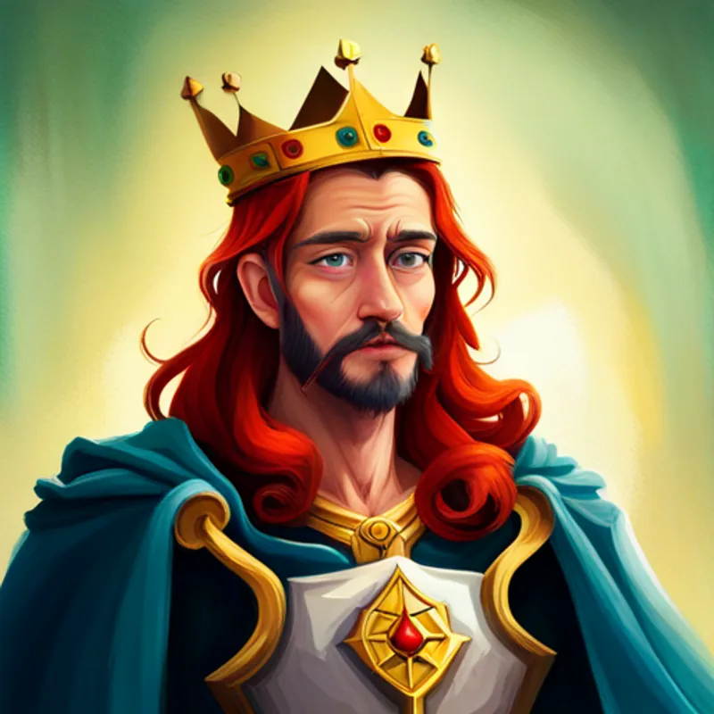 King King with red hair, beard, and a golden crown. with a crown, holding a sword