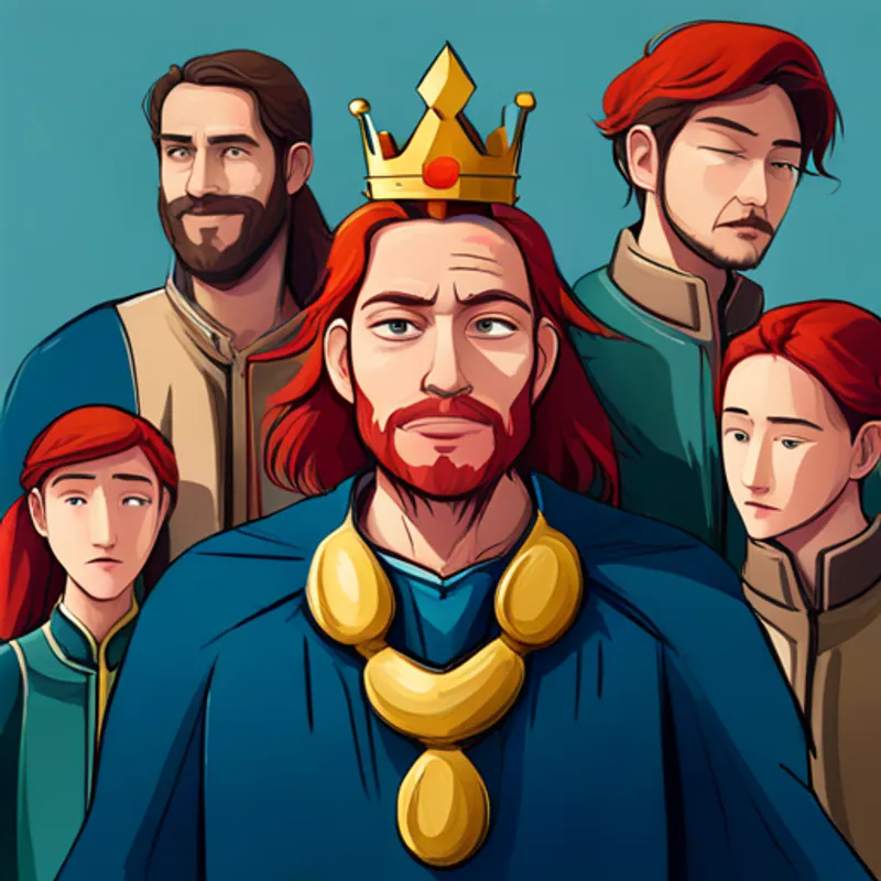 King with red hair, beard, and a golden crown. standing tall, surrounded by his people