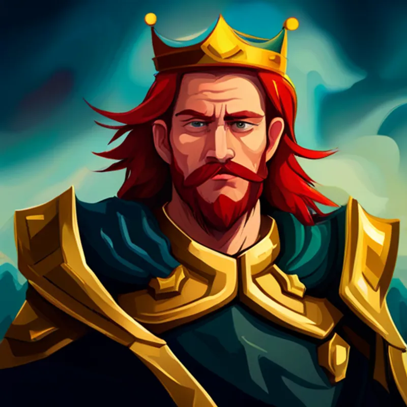King with red hair, beard, and a golden crown. leading his warriors in battle