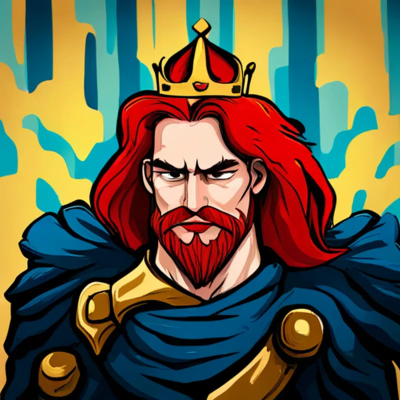 King with red hair, beard, and a golden crown. standing victoriously with his warriors