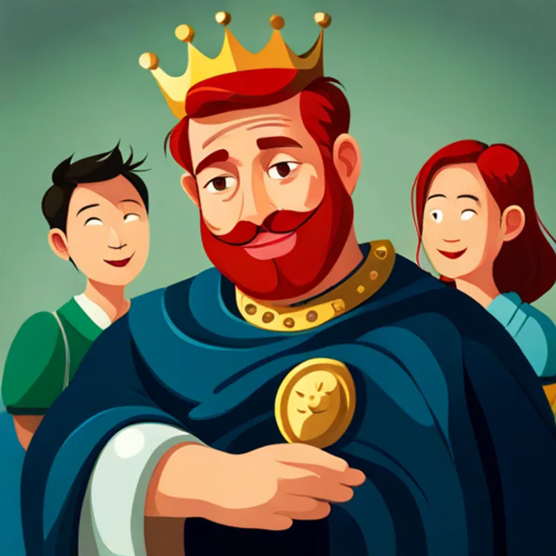 King King with red hair, beard, and a golden crown. with a crown, surrounded by happy people