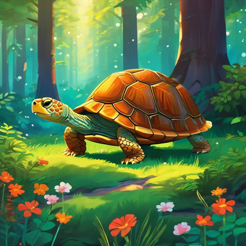 "In a land far away, there was a wise old turtle named Tito," her mom started. "Tito lived in a beautiful forest surrounded by vibrant flowers, tall trees, and gentle streams. He was known throughout the forest as the wisest creature and could answer any question." One sunny morning, Sofia decided to visit Tito to ask him about the important things in life. She followed the winding path and reached the clearing where Tito lived. The wise old turtle greeted her with a warm smile and invited her to sit down beside him.