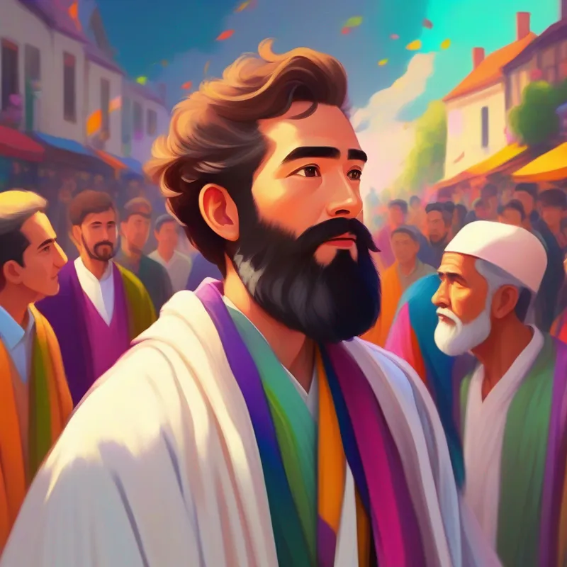 Man with a beard, white robe, kind eyes talking to people, lots of colorful clothes