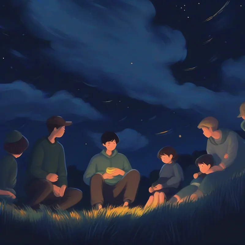 Dark sky, people rubbing their tummies