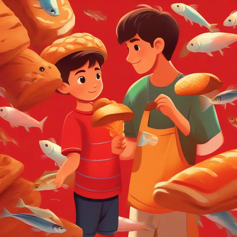 Little boy holding bread and fish, bright red shirt