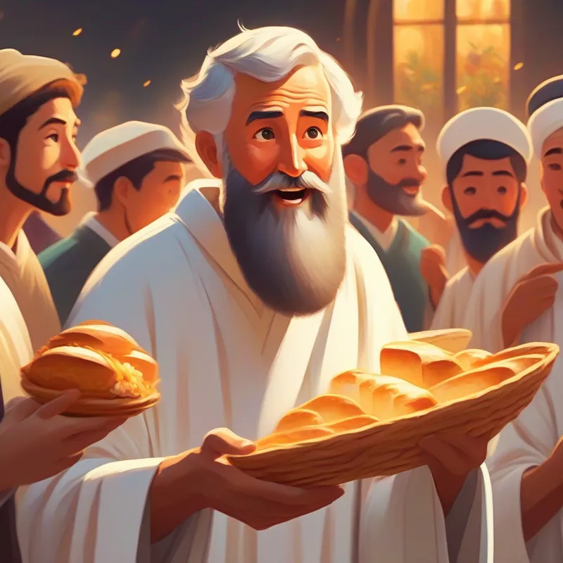 Man with a beard, white robe, kind eyes breaking the bread, people watching excitedly