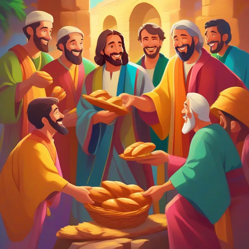 Men wearing colorful robes, helping Jesus sharing the bread, smiles on everyone's faces