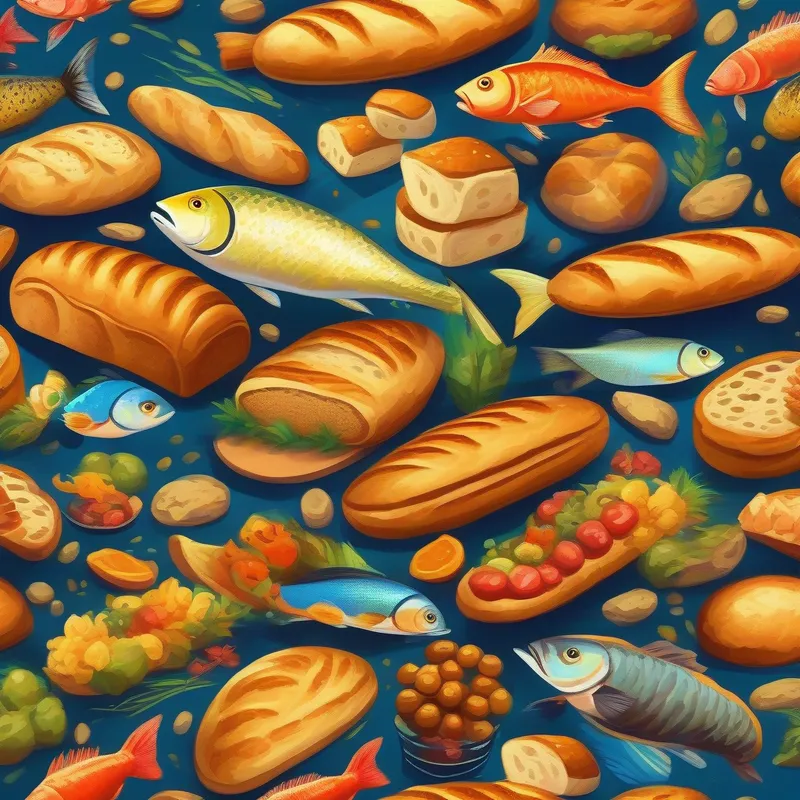 Bread and fish multiplying, people amazed