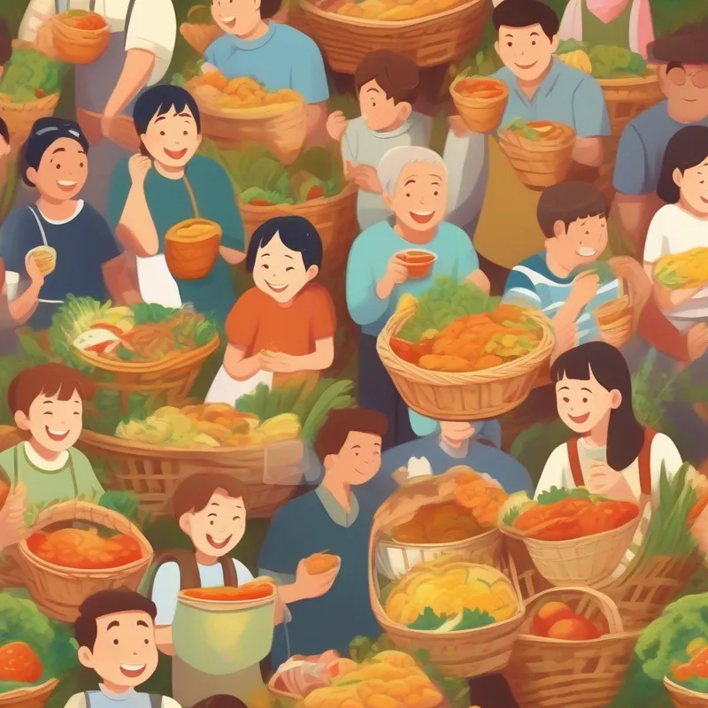People happily eating, food in baskets beside them