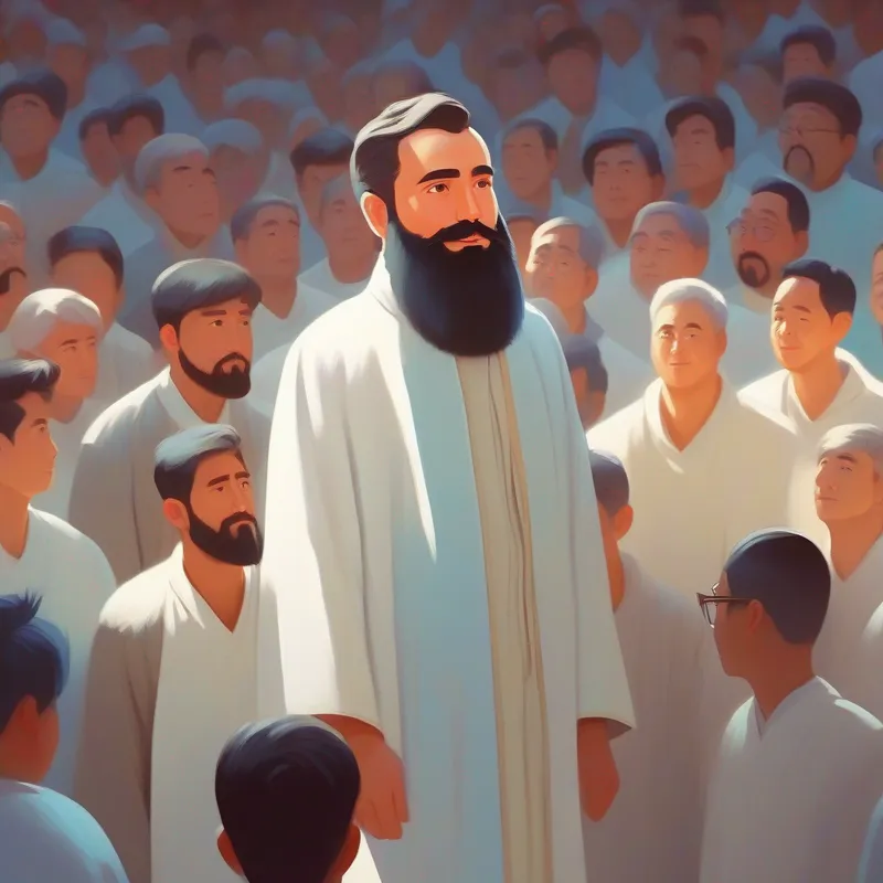 People in awe, looking at Man with a beard, white robe, kind eyes with gratitude