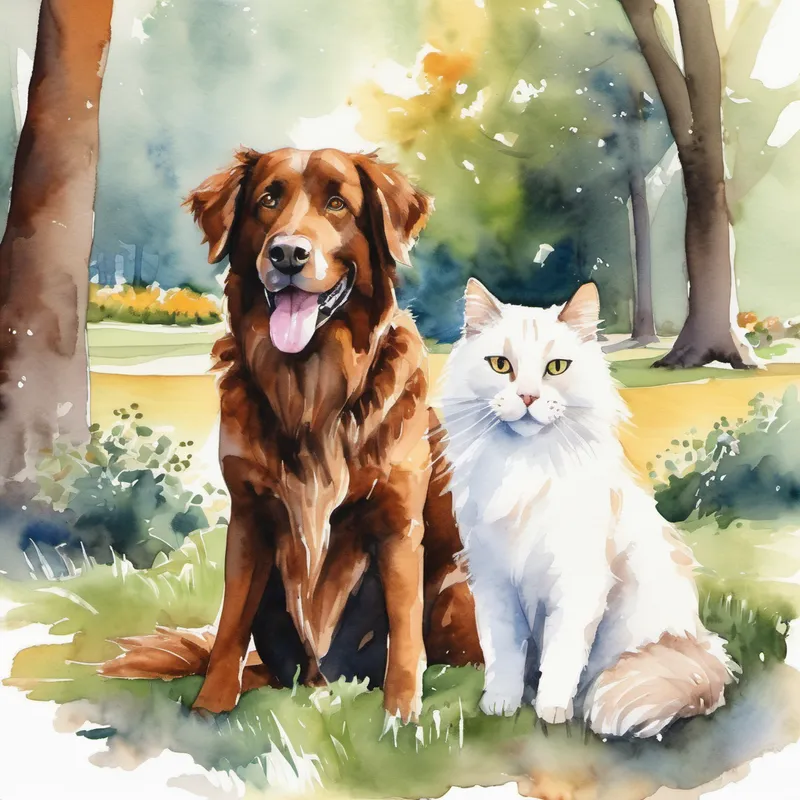 Big brown dog with a wagging tail and Fluffy white cat with a mischievous smile playing in the park