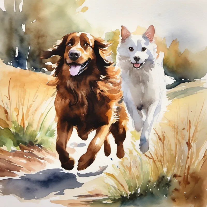 Big brown dog with a wagging tail running faster than Fluffy white cat with a mischievous smile