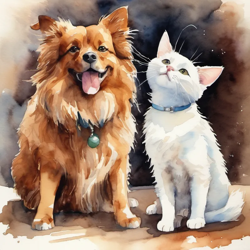 Fluffy white cat with a mischievous smile challenging Big brown dog with a wagging tail to a contest