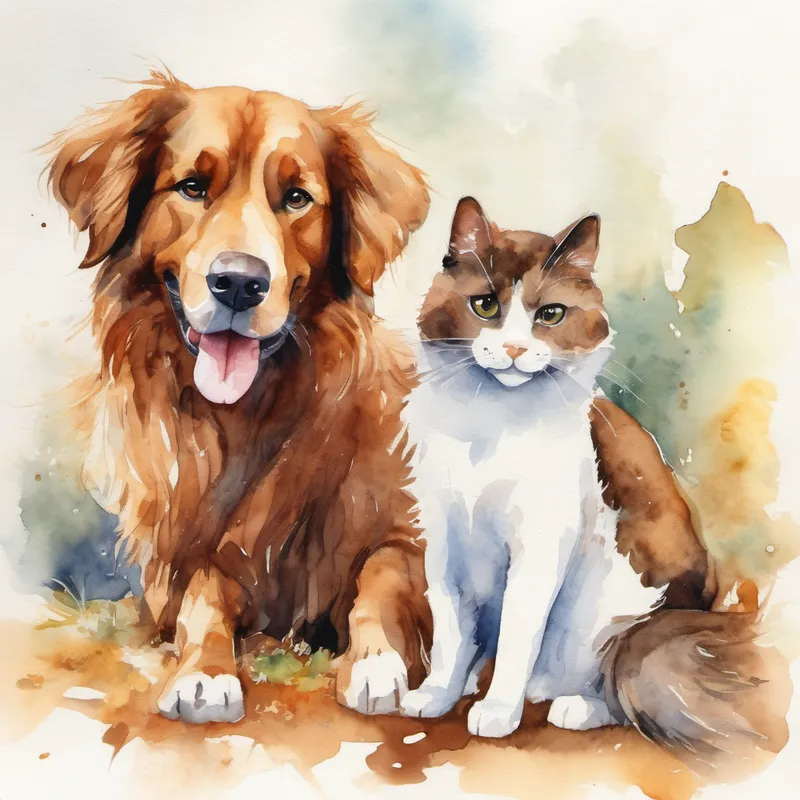 Big brown dog with a wagging tail and Fluffy white cat with a mischievous smile having fun playing together