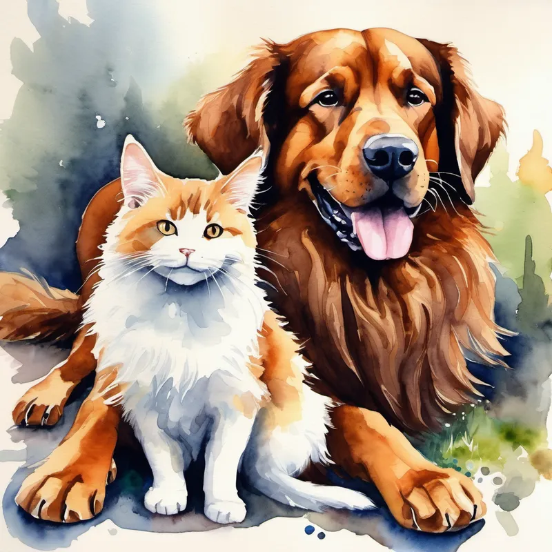 Big brown dog with a wagging tail and Fluffy white cat with a mischievous smile resting after playing
